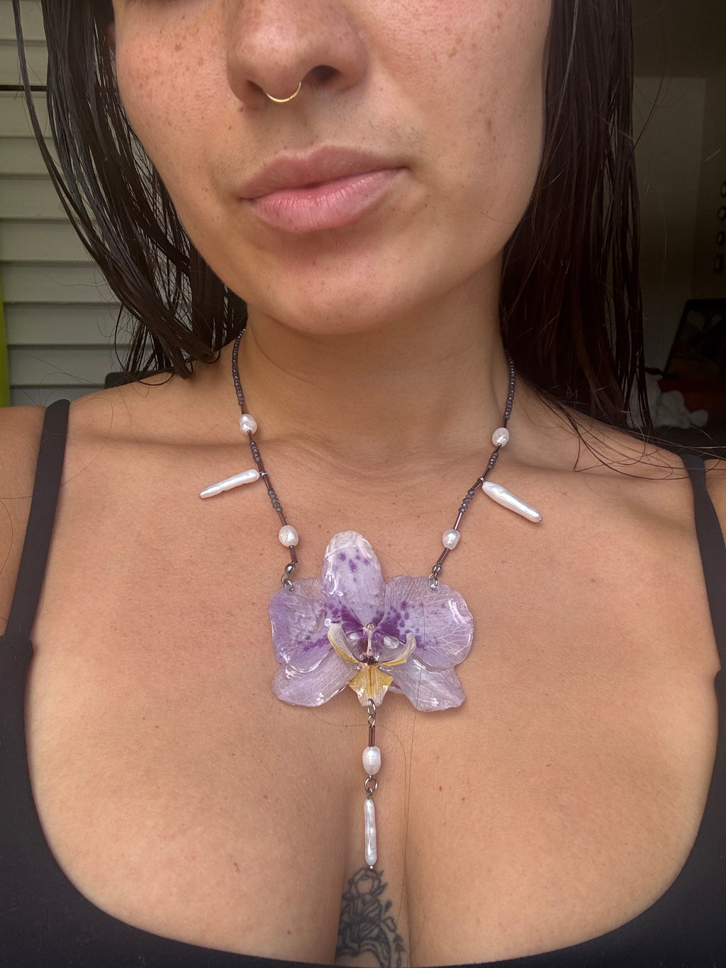 Geometric, pearl orchid necklace