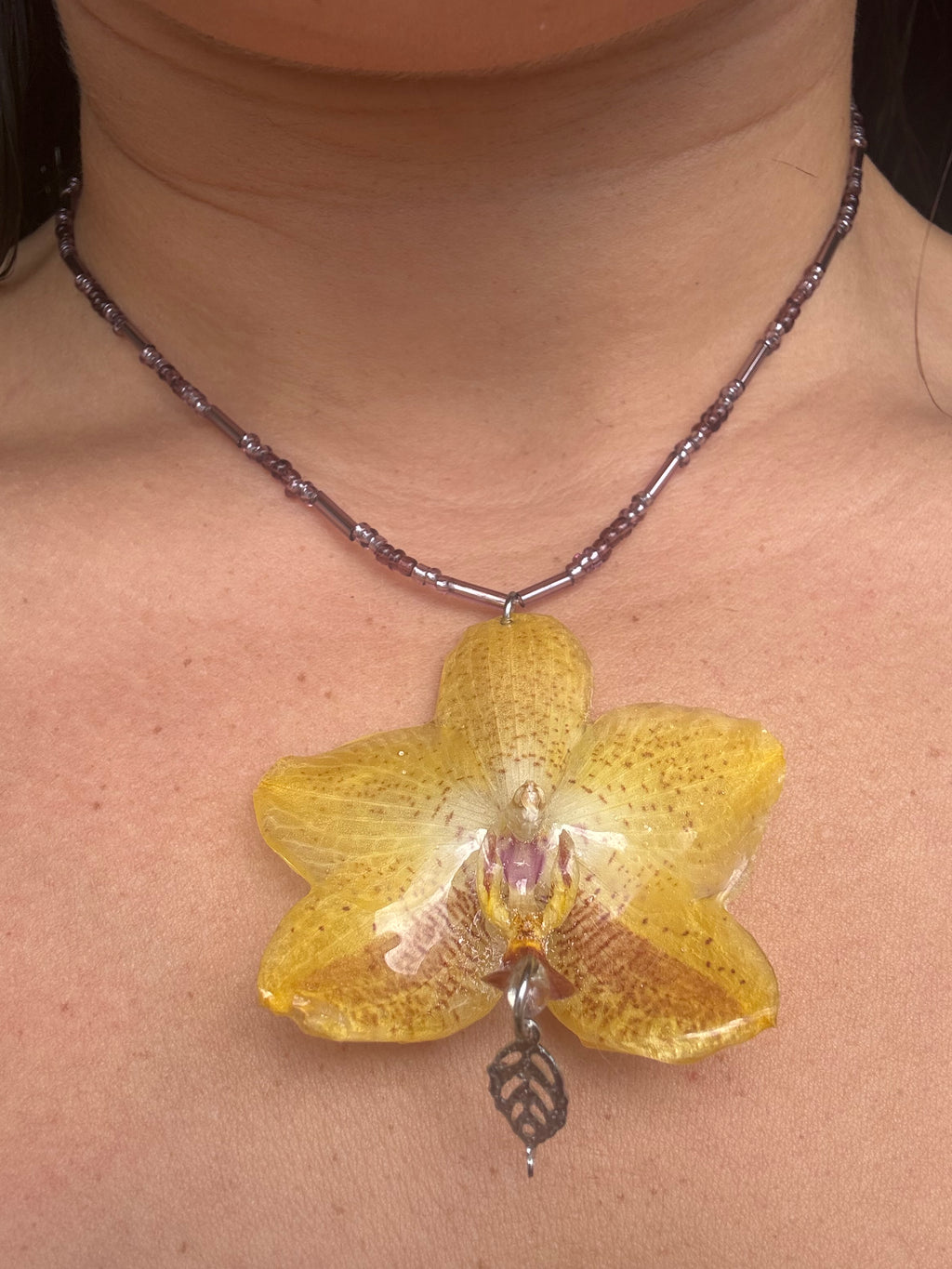 Yellow purple orchid necklace