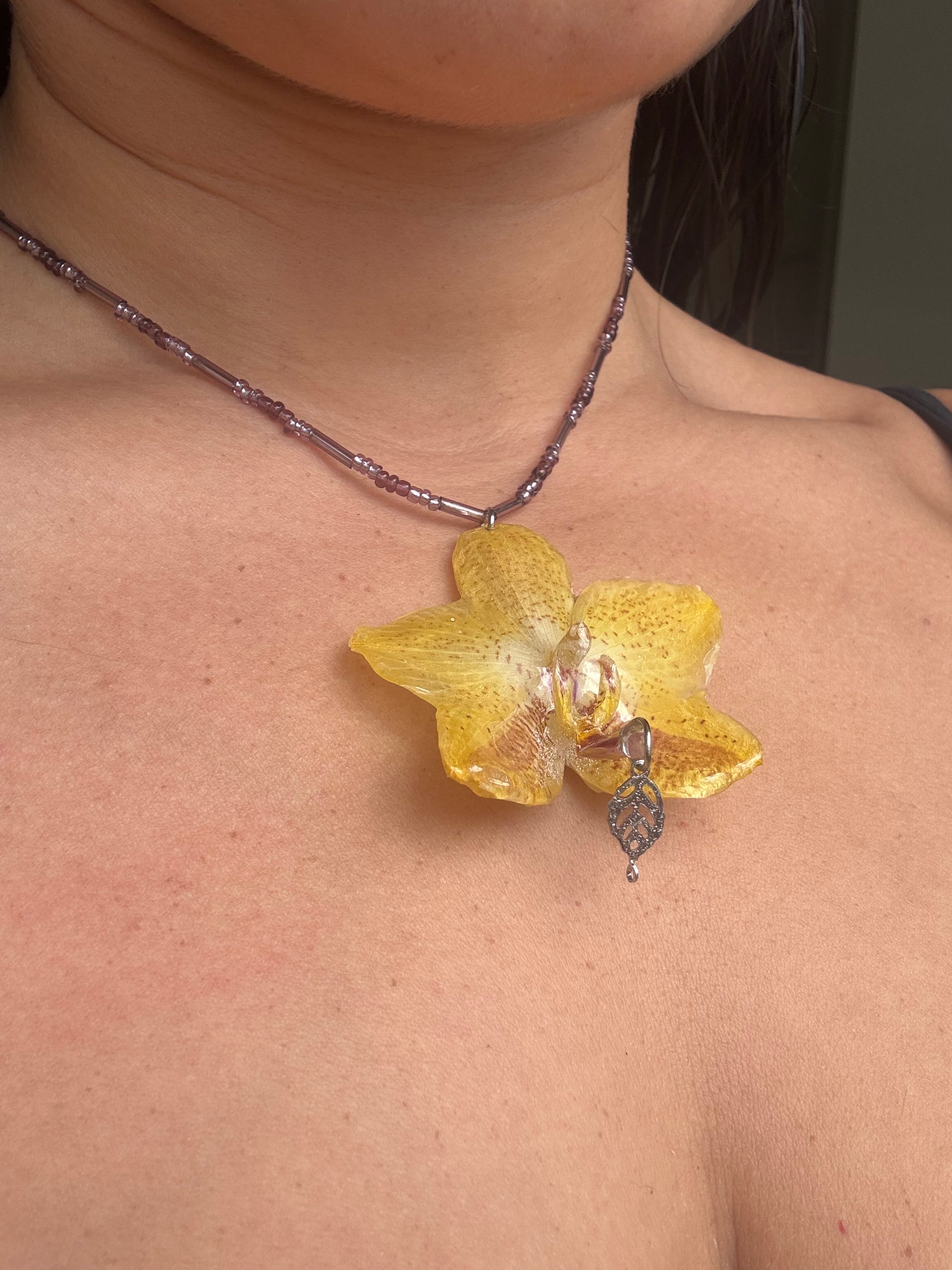 Yellow purple orchid necklace