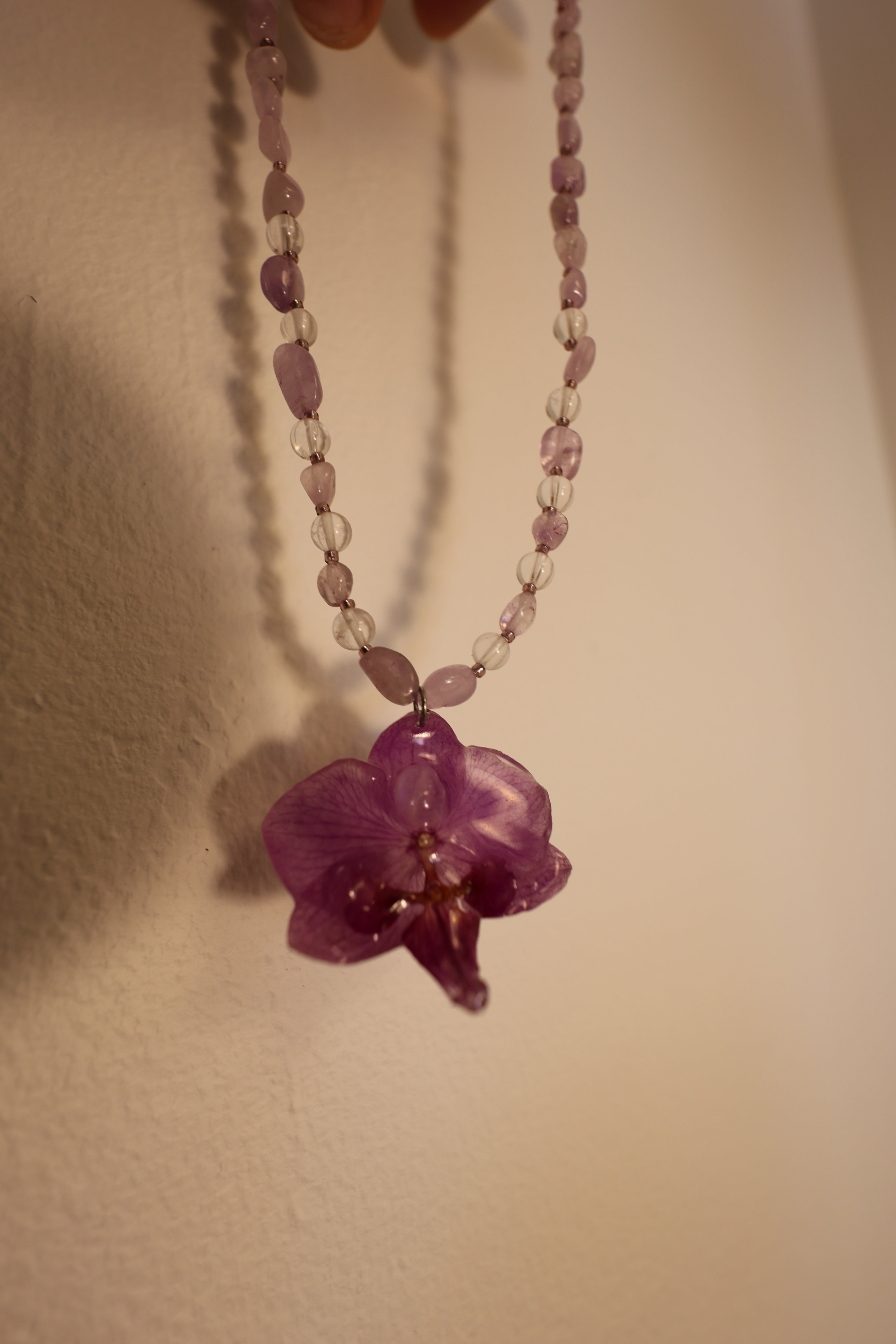 Moonstone orchid with clear quarts and amethyst