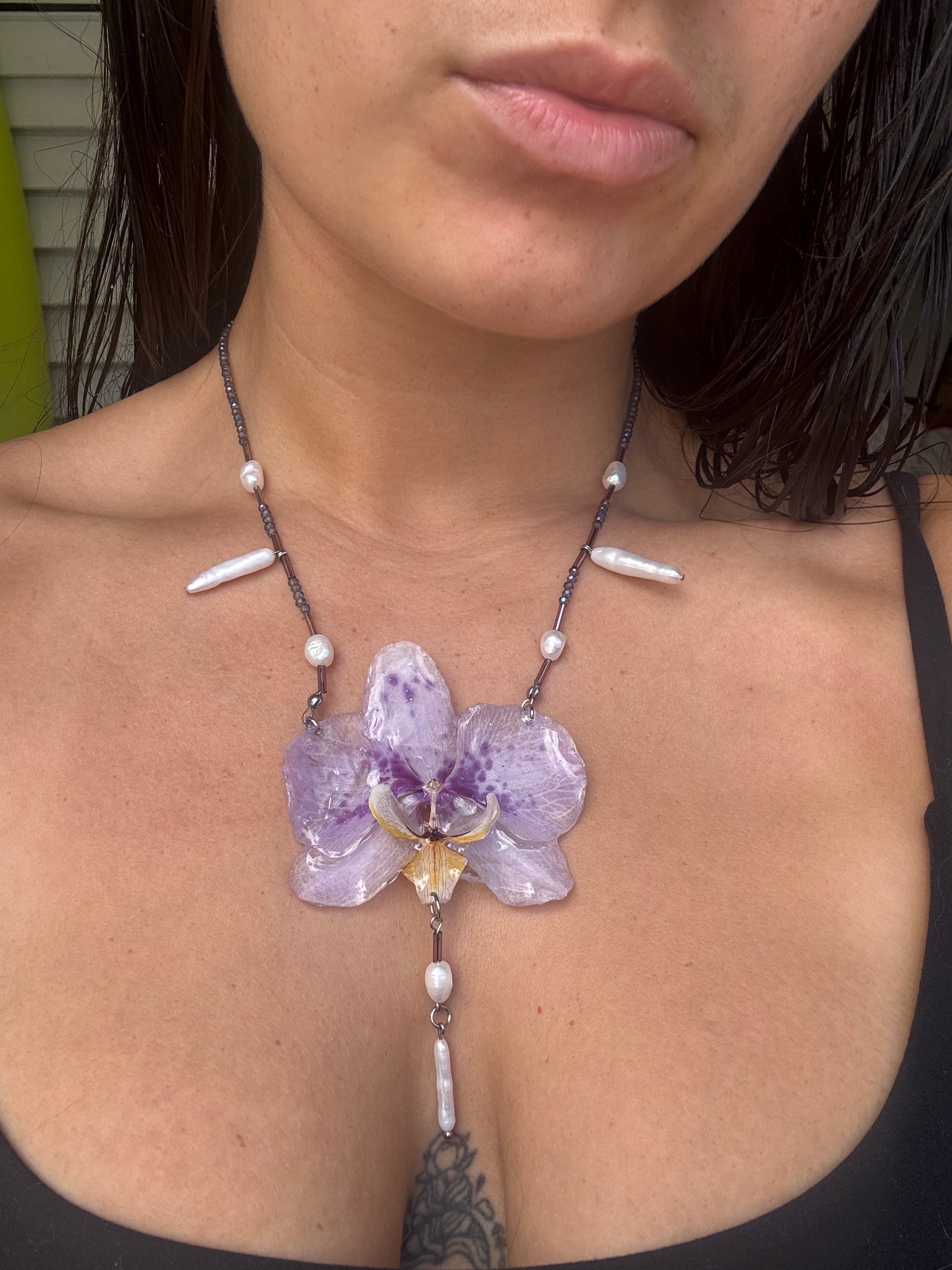 Geometric, pearl orchid necklace