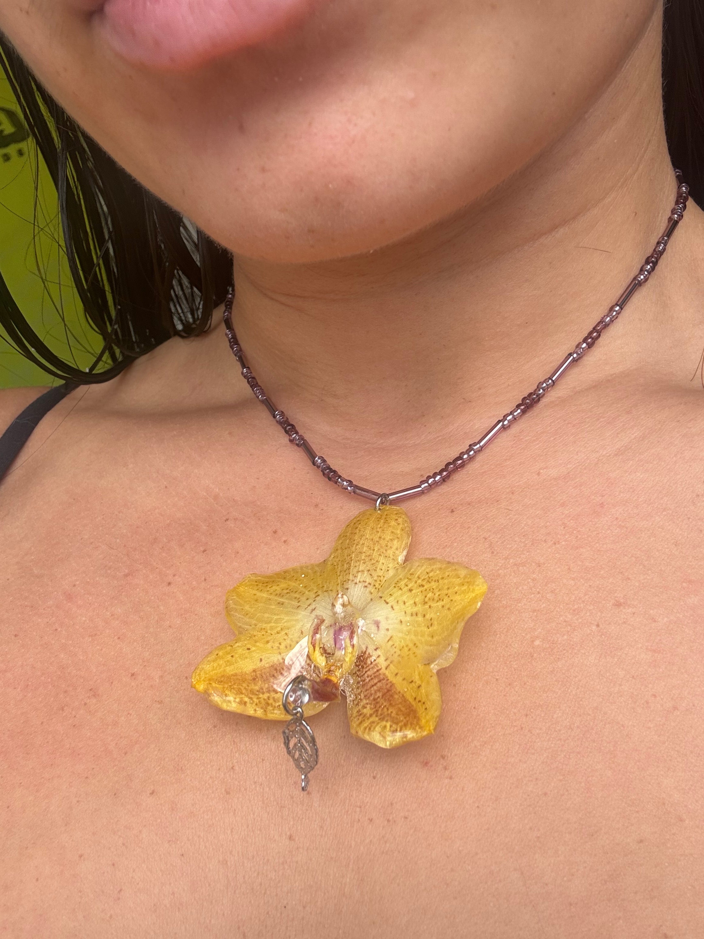 Yellow purple orchid necklace
