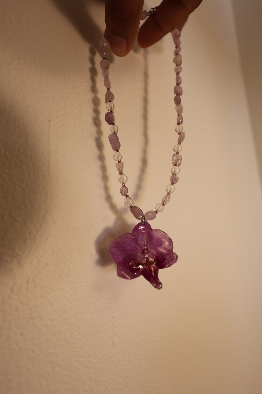 Moonstone orchid with clear quarts and amethyst