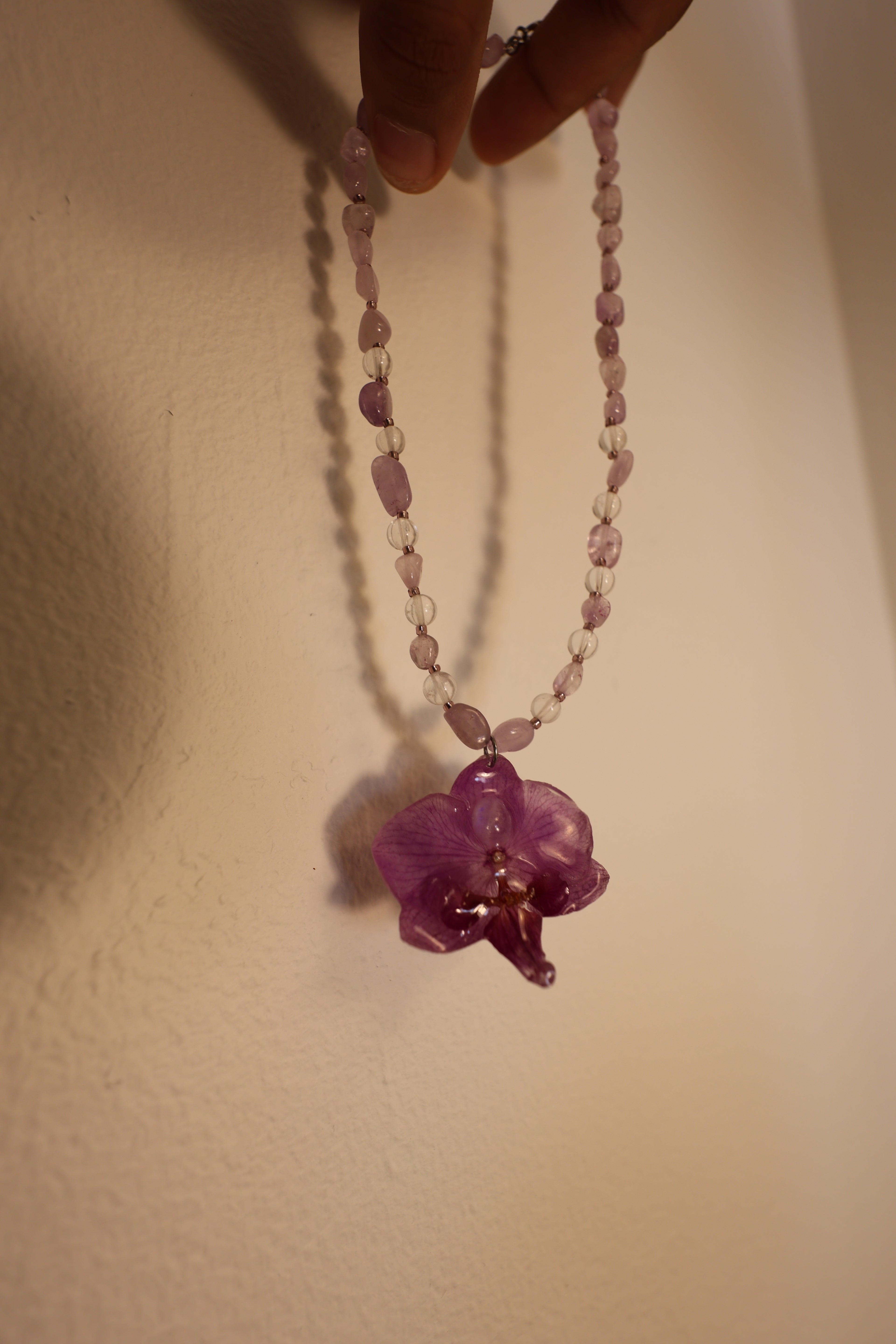 Moonstone orchid with clear quarts and amethyst
