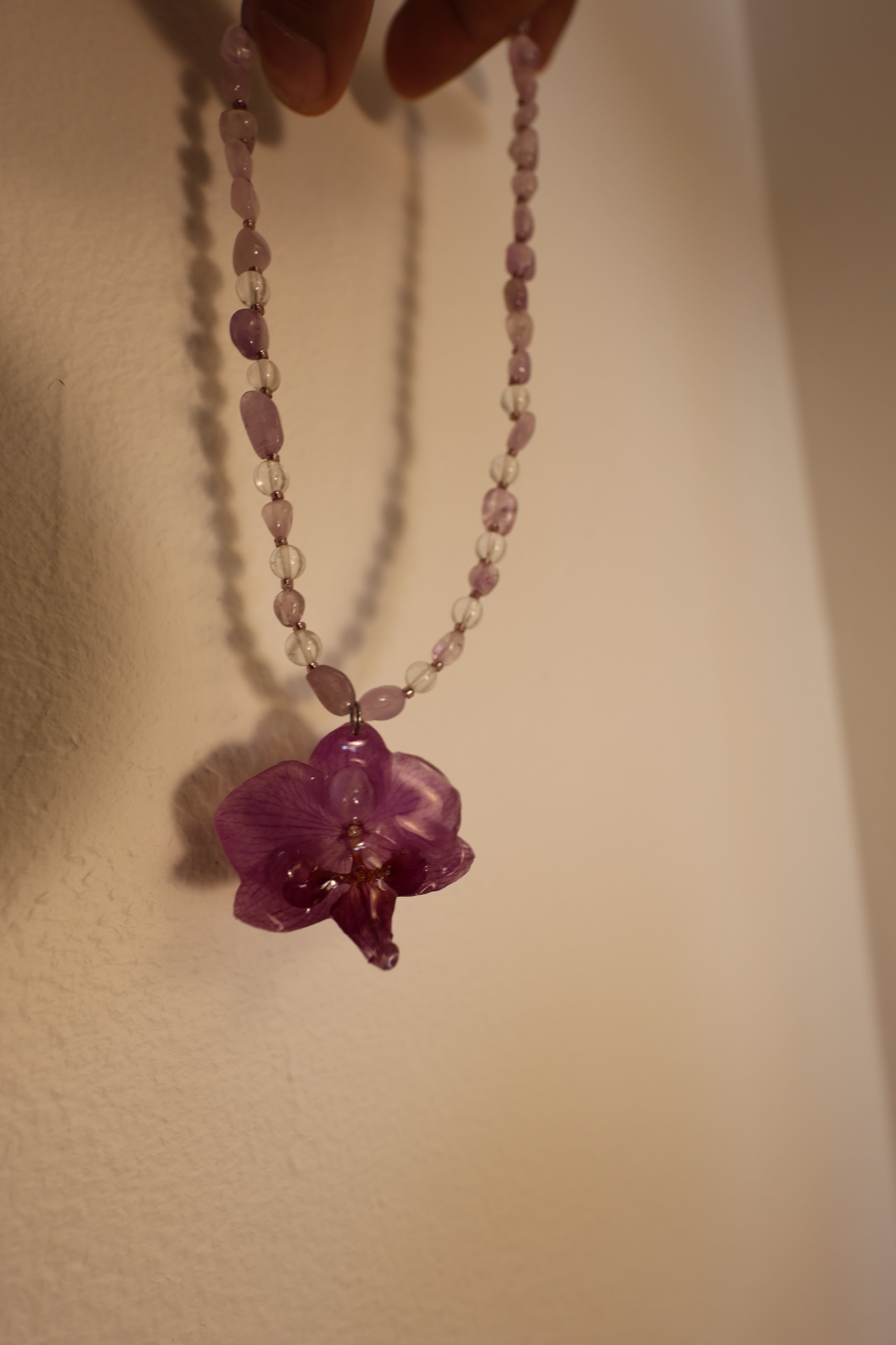 Moonstone orchid with clear quarts and amethyst