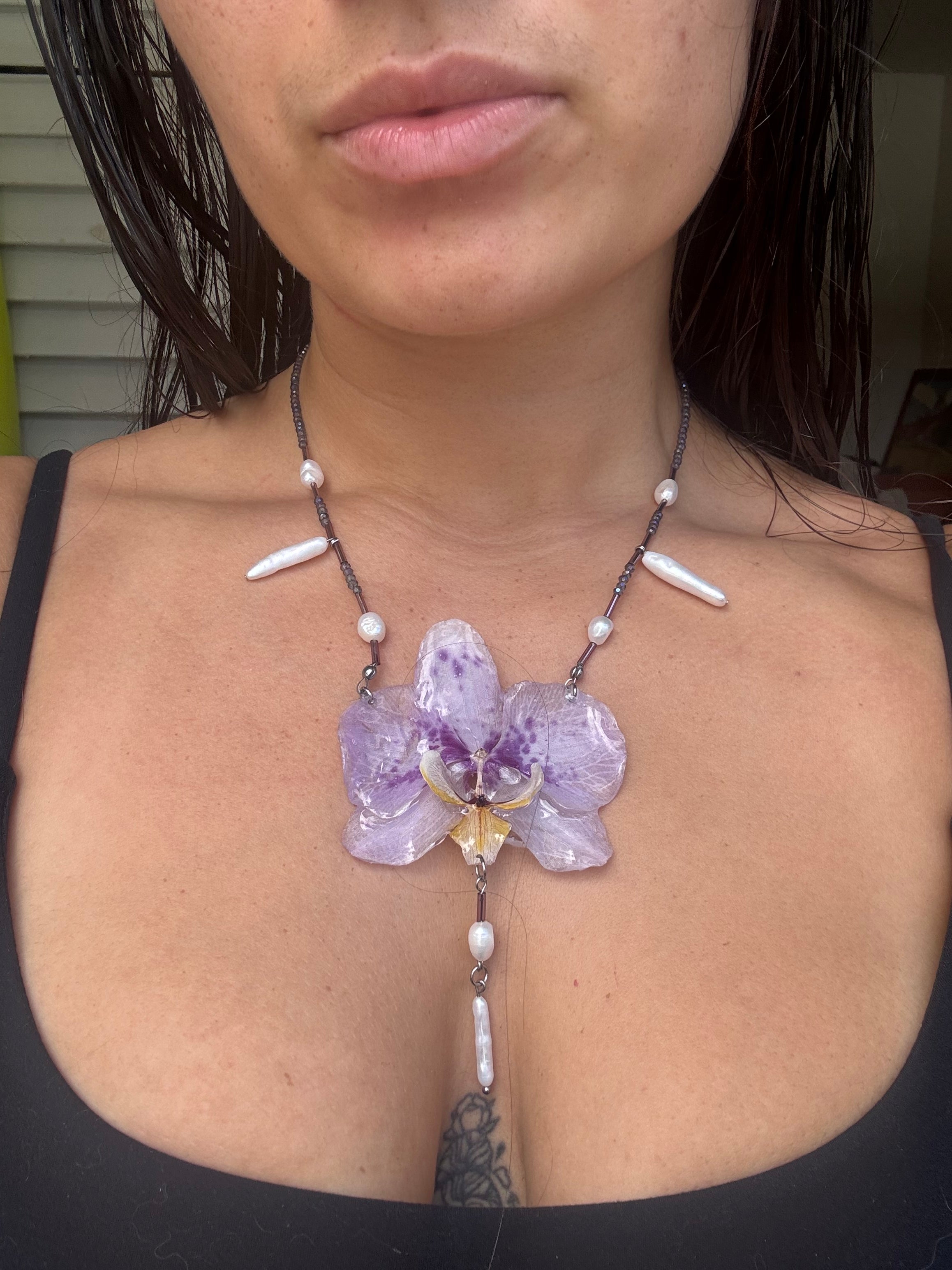 Geometric, pearl orchid necklace