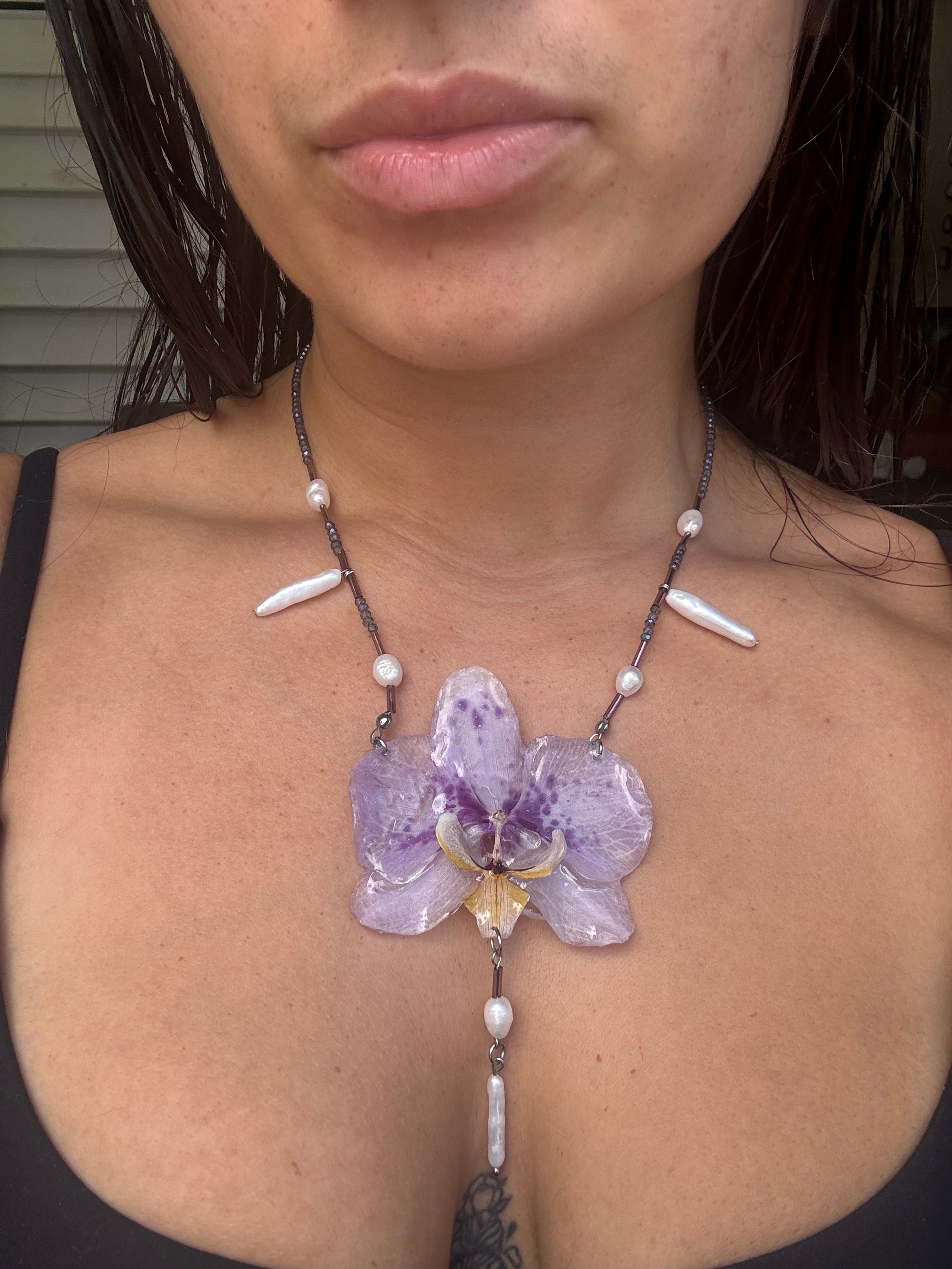 Geometric, pearl orchid necklace