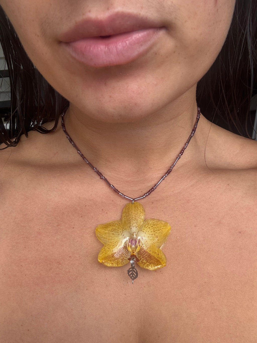 Yellow purple orchid necklace