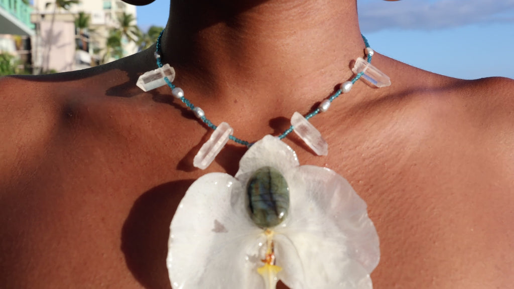 Labradorite and clear quartz with Orchid