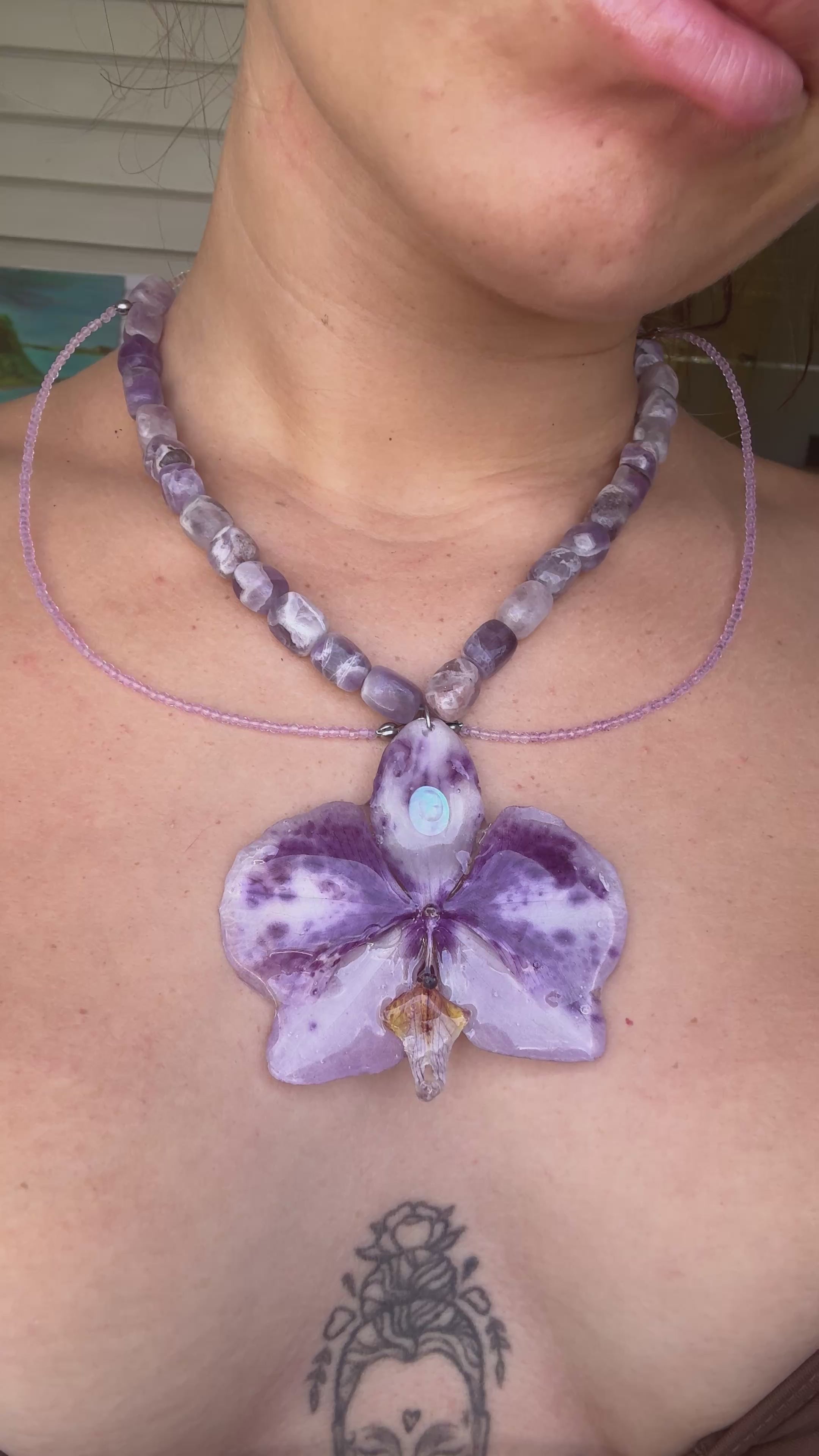 Orchid Necklace with Amethyst and Moonstone Inlay